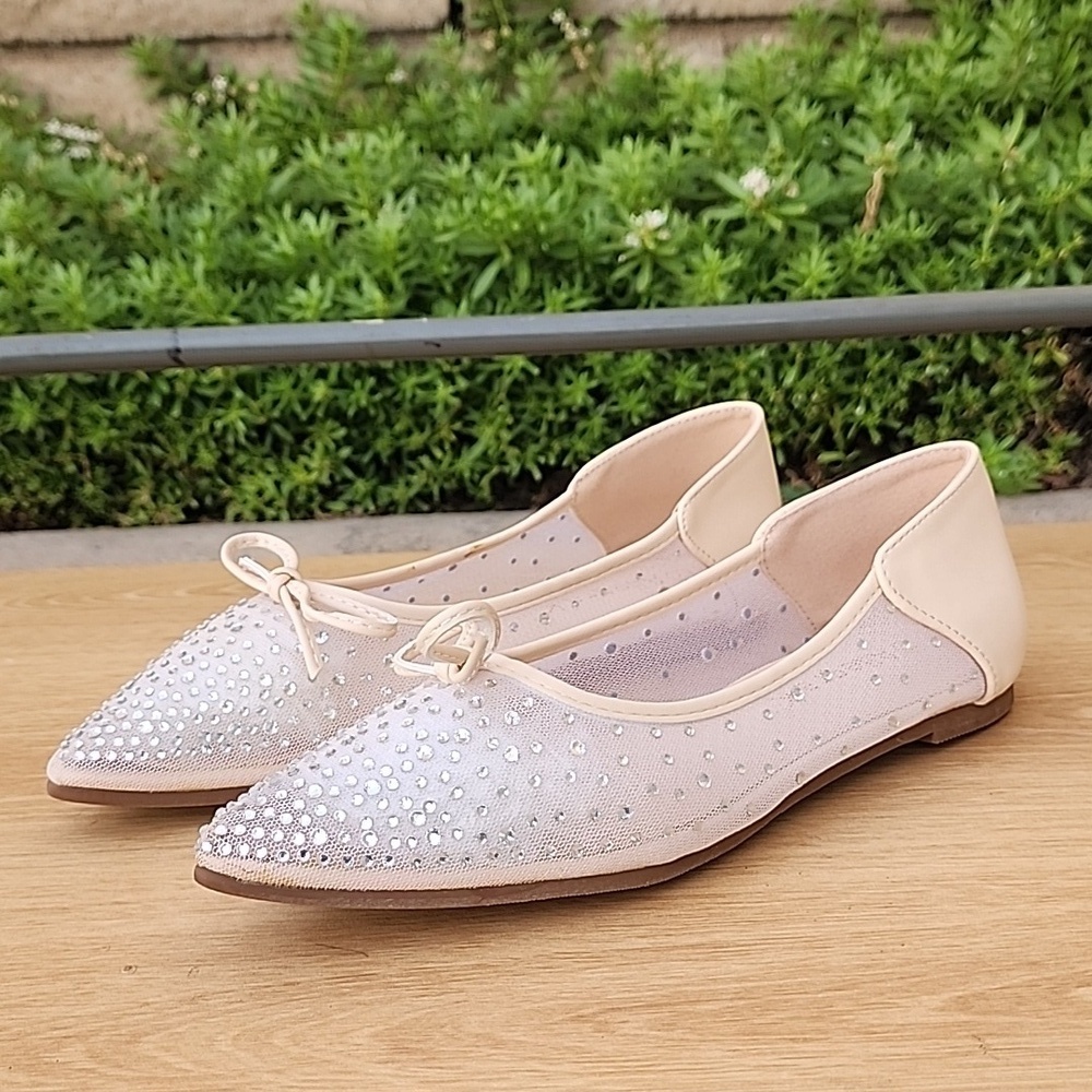 Allegra K Pointed Toe Clear Rhinestone Ballet Lake Cream Flats Size 7 NWOT